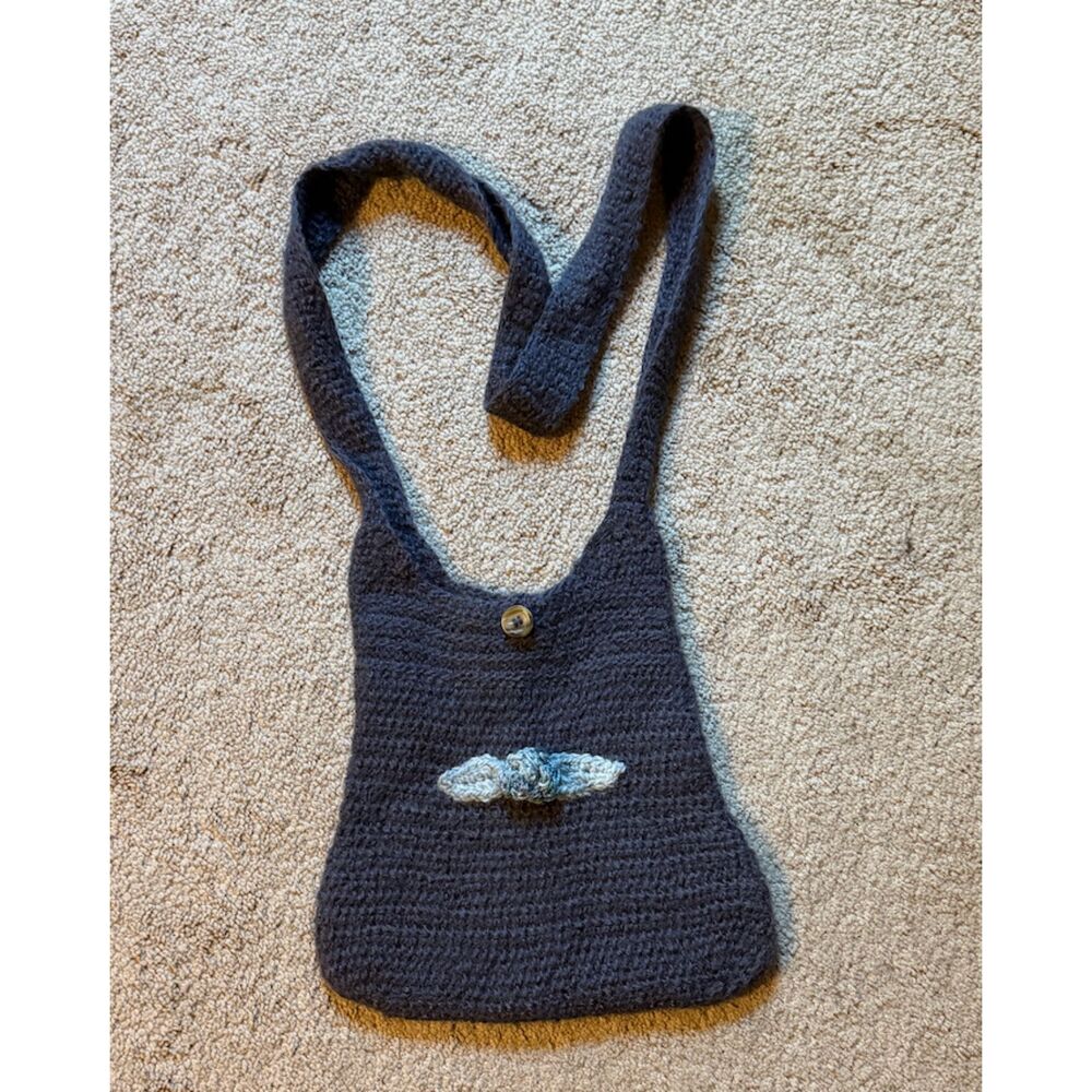 Handmade Crochet Hobo Shoulder Bag Charcoal Fuzzy Boho Flower Sling Purse OS